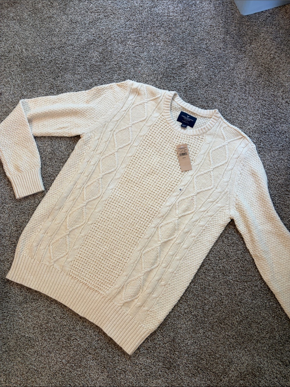 American Eagle Outfitters Cream Cable-Knit Crewneck Sweater